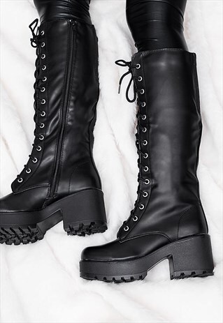 JEDEYE LACE UP PLATFORM KNEE HIGH BOOTS-BLACK LEATHER STYLE