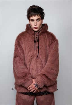 Faux fur hooded jacket detachable fluffy fleece bomber brown