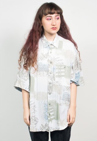 VINTAGE 90'S WHITE & BLUE ABSTRACT PATTERN OVERSIZED SHIRT