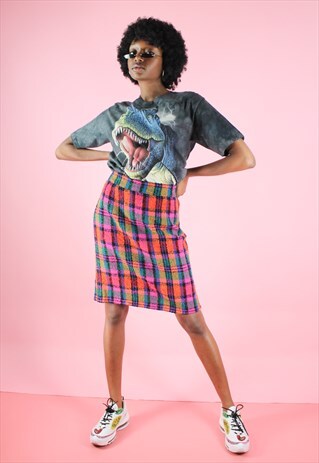 VINTAGE 90S Y2K COLORFUL CHECK TARTAN PENCIL MIDI SKIRT