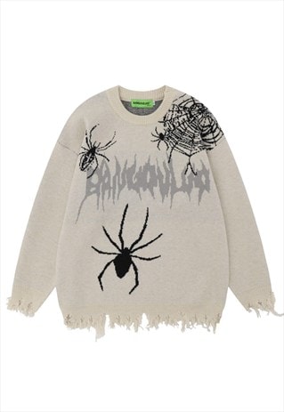 SPIDER SWEATER KNITTED DISTRESSED JUMPER PUNK TOP IN CREAM