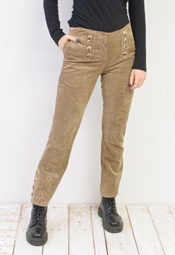 Vintage Women's M W30 Beige Suede Leather Trousers Pants