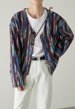 Men's retro v-neck colorful striped jacket