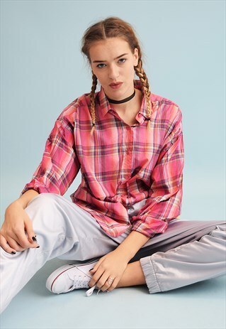 90'S RETRO TARTAN CHECKED PRINT OVERSIZED WORKWEAR SHIRT TOP