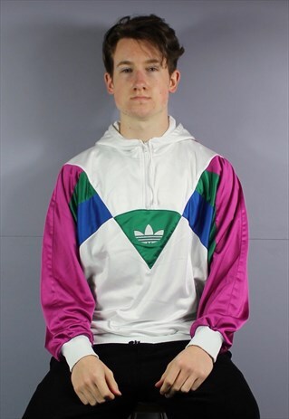 VINTAGE ADIDAS HOODIE IN WHITE WITH ZIP POCKETS AND EMBROIDE