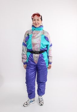 80s one piece ski suit, vintage multicolor snowsuit