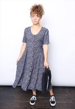 VINTAGE 90S DARK FLORAL PRINT BUTTON MIDI DRESS
