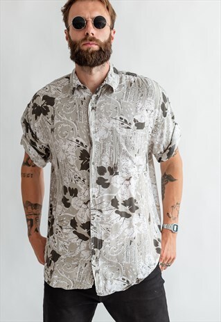 VINTAGE 70S BOHO FUNKY SHIRT IN MONOCHROME PATTERN