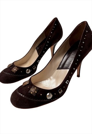 Dior Heels Courts Brown 40 / 7 Logo Suede Embellished Pumps