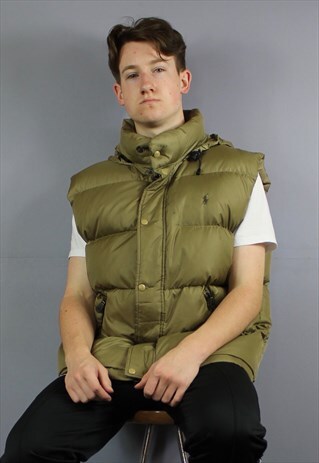 VINTAGE POLO RALPH LAUREN HOODED GILET IN BROWN WITH EMBROID