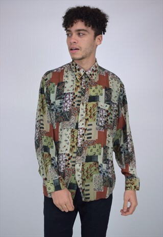 VINTAGE 90'S BROWN, GREEN & RED PRINTED BUTTON-UP SHIRT