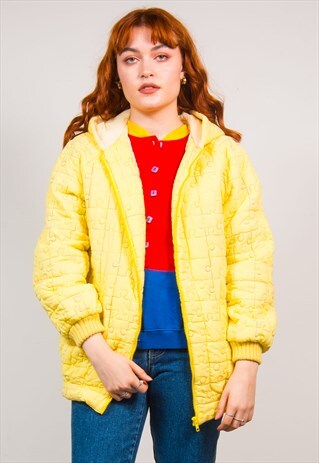90'S YELLOW QUILTED JIGSAW PUZZLE PATTERN HOODED COAT