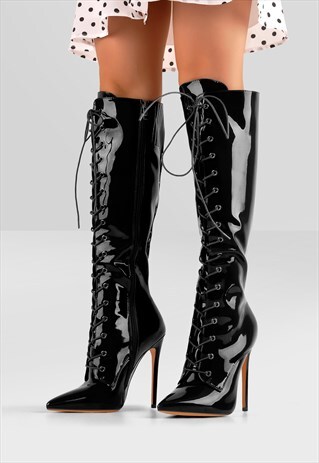 asos design camera chunky lace up knee boots in black