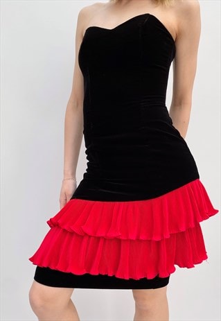 80's Vintage Black Velvet Pencil Dress With Red Ruffles