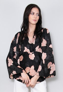 70's Ladies Vintage Blouse Black Pink Floral Kimono Blouse