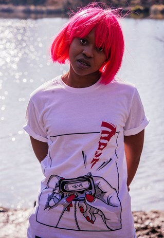 ORGANIC T-SHIRT WHITE RETRO PAGER BEEPER HAND JAPANESE MANGA