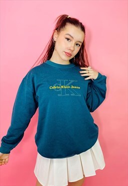 Vintage 90s Calvin Klein Teal Embroidered Sweatshirt