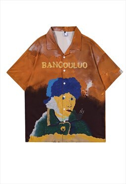 Grandfather print shirt smoking pipe top in brown