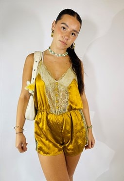 Y2K Size S Satin Lace Playsuit Romper in Gold