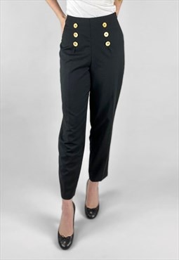 Black Wool Nautical Ladies High Waisted Capri Trousers
