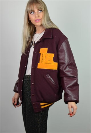 VINTAGE 70S MAROON LEATHER AMERICAN BASEBALL VARSITY JACKET
