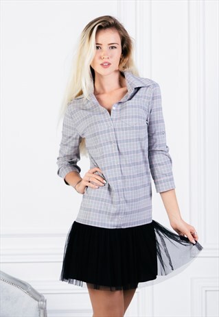 GRAY TARTAN SHIRTDRESS WITH BLACK TULLE SKIRT