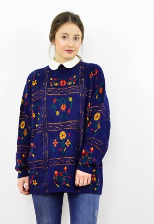 VINTAGE 90S NAVY BLUE TILED FLORAL TURTLE NECK JUMPER