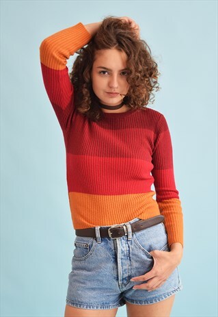90'S RETRO STRIPED RIBBED KNIT TEEN JUMPER