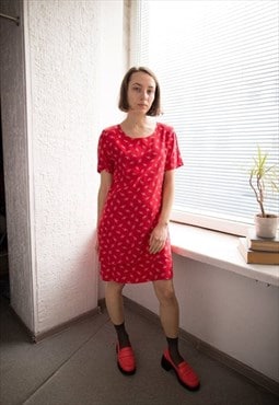 Vintage 80's Red Floral Print Mini Short Sleeved Dress
