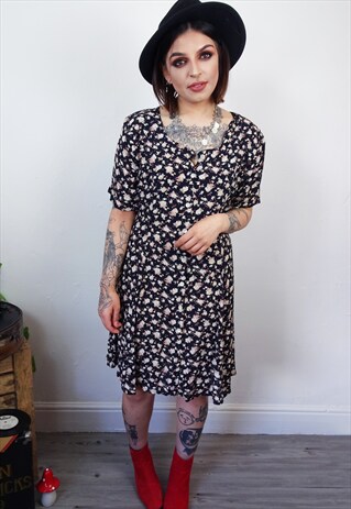 FLORAL 90'S BUTTON UP TEA STYLE DRESS