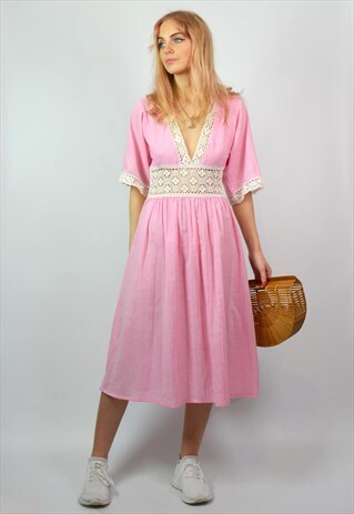 VINTAGE 70S PINK & IVORY CROCHET KIMONO BOHO MIDI DRESS