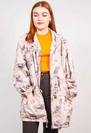 VINTAGE 90'S PINK ABSTRACT PATTERN LIGHTWEIGHT PARKA COAT