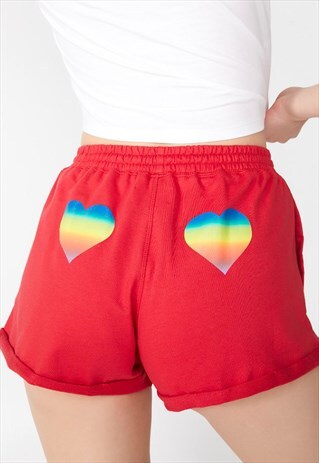 RED RELAXED RUNNING SHORTS WITH RAINBOW HEART