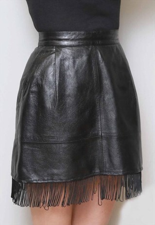 VINTAGE 1980'S BLACK FRINGED LEATHER A LINE MINI SKIRT