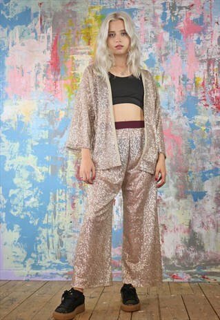 PANTS & KIMONO CO-ORDINATES IN CHAMPAGNE SEQUINS