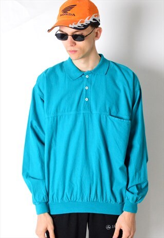VINTAGE 80S TURQUOISE LIGHTWEIGHT POLO SWEATSHIRT