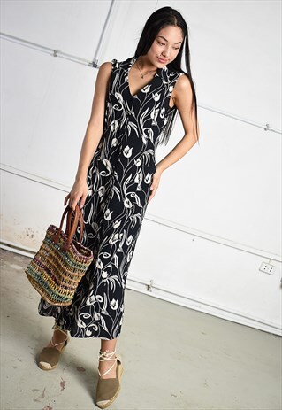 VINTAGE 90S MIDI PARIS CHIC DRESS IN BLACK WITH FLORAL PRINT