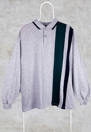 VINTAGE STRIPED RUGBY POLO SHIRT GREY GREEN LARGE