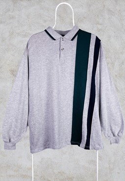 Vintage Striped Rugby Polo Shirt Grey Green Large