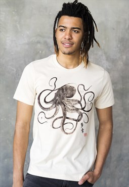 Octopus Japanese Art Calligraphy Printed T Shirt Tee Men