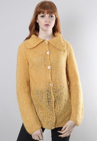 VINTAGE 80S MUSTARD YELLOW CROCHET KNIT COLLARED CARDIGAN