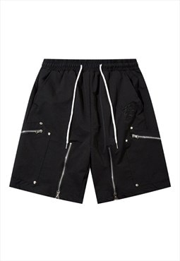 Utility shorts extreme zipper crop pants in black