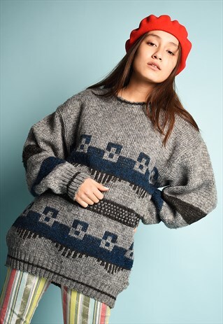VINTAGE 80'S RETRO OVERSIZED ABSTRACT GRAPHIC KNIT JUMPER