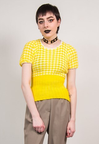 VINTAGE 70'S NEON YELLOW KNIT CROCHET CHECKED RIBBED TOP