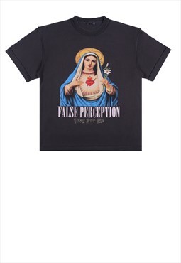 Virgin Mary print t-shirt Y2K heart slogan tee in black