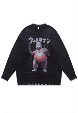 Anime sweater Korean knit distressed Manga jumper black