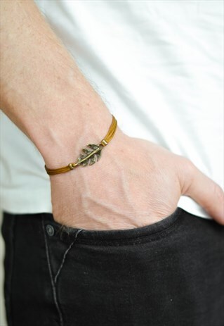 BRONZE LEAF CHARM BRACELET FOR MEN BROWN CORD GIFT FOR HIM
