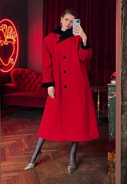 Long Oversized Red Wool Coat with Black Velvet details