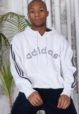 VINTAGE ADIDAS BIG LOGO SPELLOUT THREE STRIPE HOODIE GREY