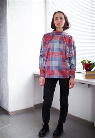 VINTAGE 80'S CHECKED HIGH COLLAR LONG SLEEVED BLOUSE